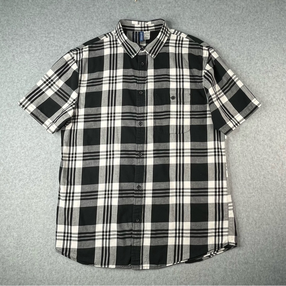 Men’s Divided Black & White Plaid Short-Sleeve Button-Down Shirt Cotton Large